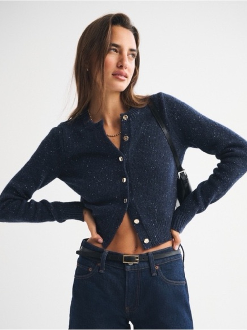 Abercrombie Shrunken Crew Cardigan Navy Speckled Button-Front